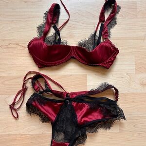 Women’s Burgundy Satin & Black Lace Lingerie Set